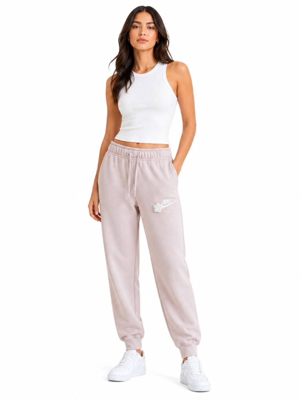 Nike Pastel Pink Jogger Sweatpants with Crochet Flower & Logo – Size XS GUC